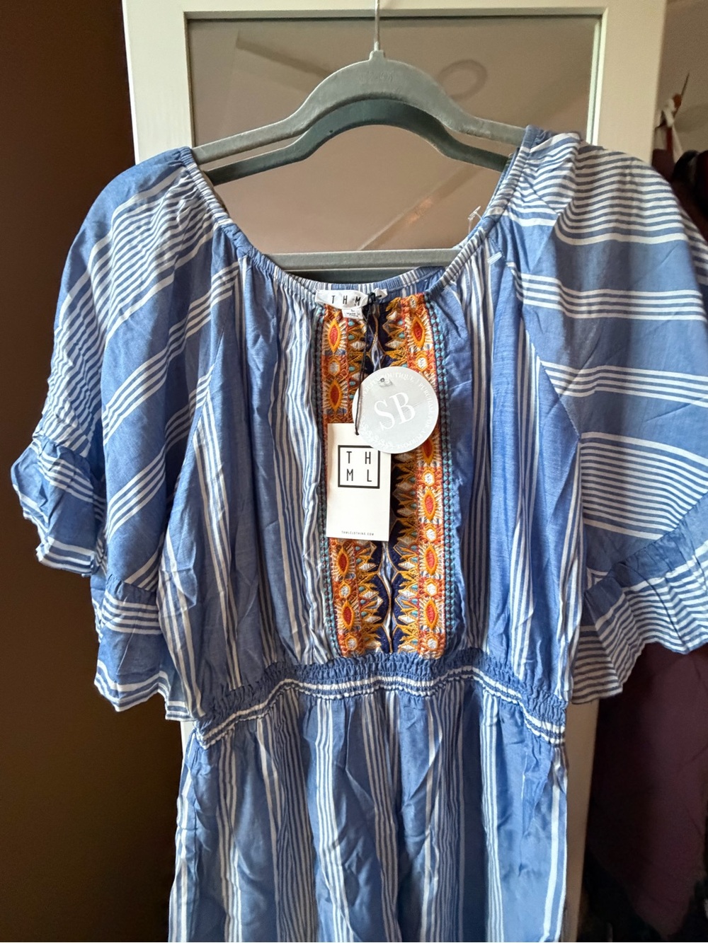 THML Blue and White Stripe Womens Romp with Orange Embroidered Trim, L, NWT